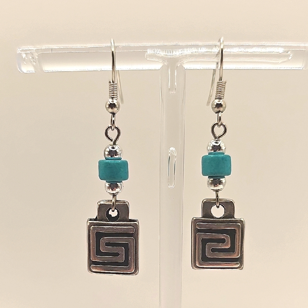 5/$25 - Silvertone Greek Key Style Dangling Earrings